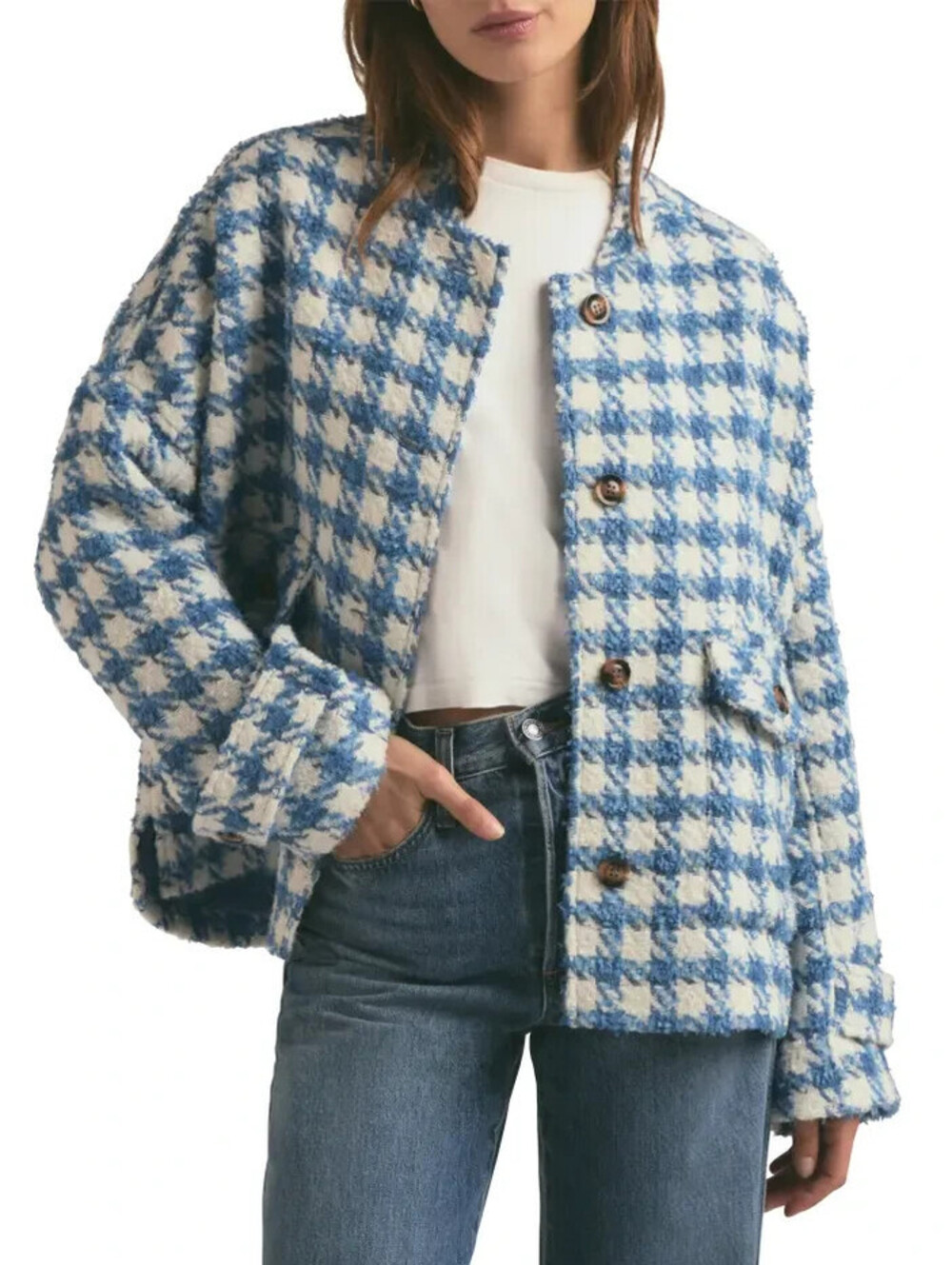 NEW, Favorite Daughter The Timeless Houndstooth Jacket in Blue Sz S #SJ2677